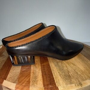 Aquatalia Tortoise Heel Black Slip-On Leather Block Heel Mule Booties Size 9